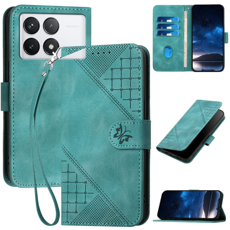 For Redmi K70 YX0080 Grid Butterfly Embossed Pattern Flip Leather Phone Case with Lanyard(Light Blue) - K70 Cases by buy2fix | Online Shopping UK | buy2fix