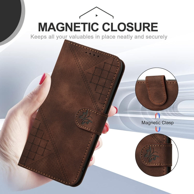 For iPhone 16 Pro YX0080 Grid Butterfly Embossed Pattern Flip Leather Phone Case with Lanyard(Coffee) - iPhone 16 Pro Cases by buy2fix | Online Shopping UK | buy2fix