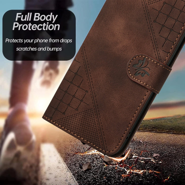 For Motorola Edge 2024 5G Global YX0080 Grid Butterfly Embossed Pattern Flip Leather Phone Case with Lanyard(Coffee) - Motorola Cases by buy2fix | Online Shopping UK | buy2fix