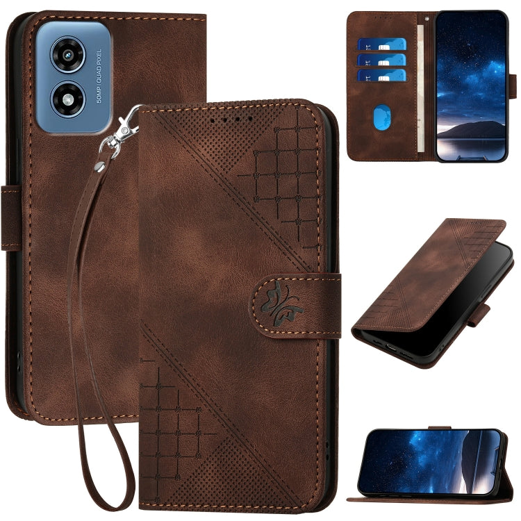 For Motorola Moto G Play 4G 2024 YX0080 Grid Butterfly Embossed Pattern Flip Leather Phone Case with Lanyard(Coffee) - Motorola Cases by buy2fix | Online Shopping UK | buy2fix