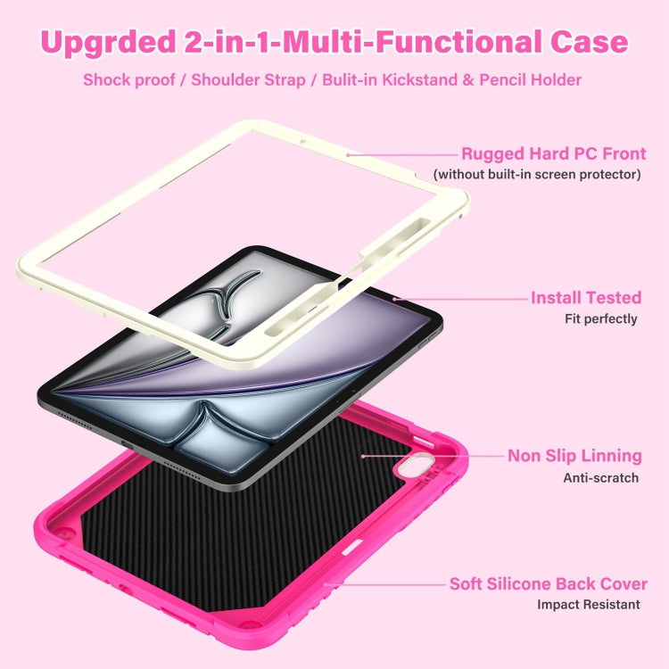 For iPad Air 11 2024 Kickstand PC Hybrid Silicone Tablet Case with Strap(Beige Rose Red) - iPad Air 11 2024 Cases by buy2fix | Online Shopping UK | buy2fix