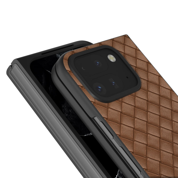 For Google Pixel 9 Pro Fold Black Frame Woven Texture PU Phone Case(Brown) - Google Cases by buy2fix | Online Shopping UK | buy2fix