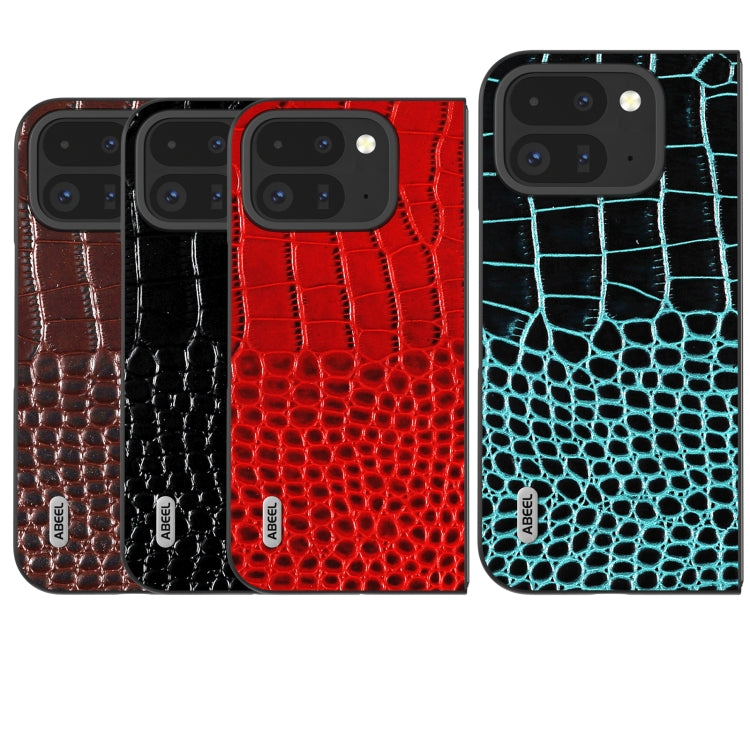 For Google Pixel 9 Pro Fold ABEEL Genuine Leather Crocodile Pattern Black Edge Phone Case(Blue) - Google Cases by buy2fix | Online Shopping UK | buy2fix