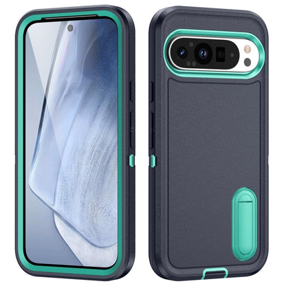 For Google Pixel 9 Pro Rugged PC + Silicone Phone Case with Holder(Dark Blue+Light Green) - Google Cases by buy2fix | Online Shopping UK | buy2fix