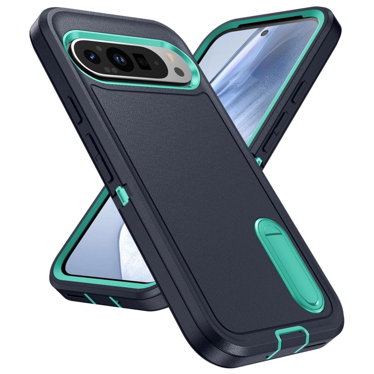 For Google Pixel 9 Rugged PC + Silicone Phone Case with Holder(Dark Blue+Light Green) - Google Cases by buy2fix | Online Shopping UK | buy2fix