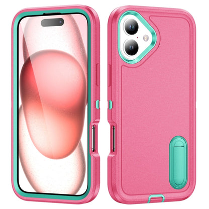 For iPhone 16 Plus Rugged PC + Silicone Phone Case with Holder(Rose Red+Light Green) - iPhone 16 Plus Cases by buy2fix | Online Shopping UK | buy2fix