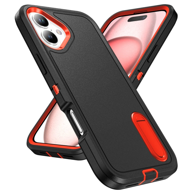 For iPhone 16 Plus Rugged PC + Silicone Phone Case with Holder(Black+Orange) - iPhone 16 Plus Cases by buy2fix | Online Shopping UK | buy2fix