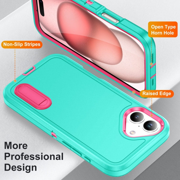 For iPhone 16 Plus Rugged PC + Silicone Phone Case with Holder(Light Green+Rose Red) - iPhone 16 Plus Cases by buy2fix | Online Shopping UK | buy2fix