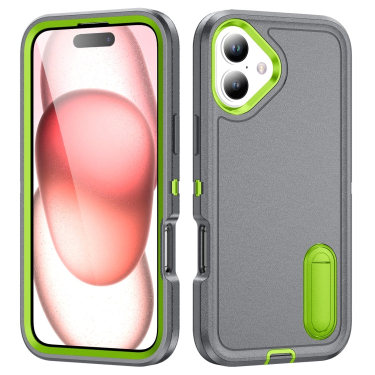 For iPhone 16 Rugged PC + Silicone Phone Case with Holder(Grey+Fresh Green) - iPhone 16 Cases by buy2fix | Online Shopping UK | buy2fix