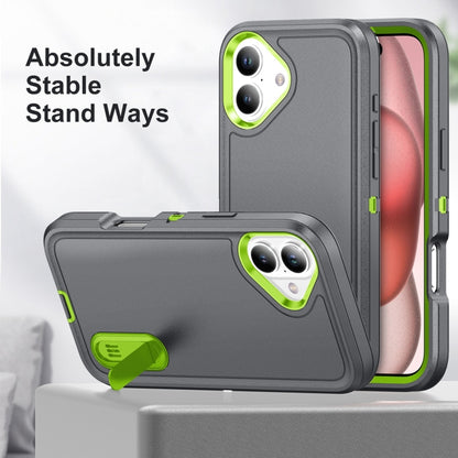 For iPhone 16 Rugged PC + Silicone Phone Case with Holder(Grey+Fresh Green) - iPhone 16 Cases by buy2fix | Online Shopping UK | buy2fix