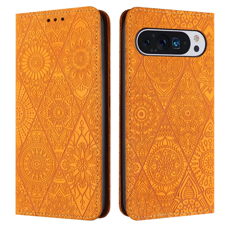 For Google Pixel 9 / 9 Pro Ethnic Embossed Adsorption Leather Phone Case(Yellow) - Google Cases by buy2fix | Online Shopping UK | buy2fix