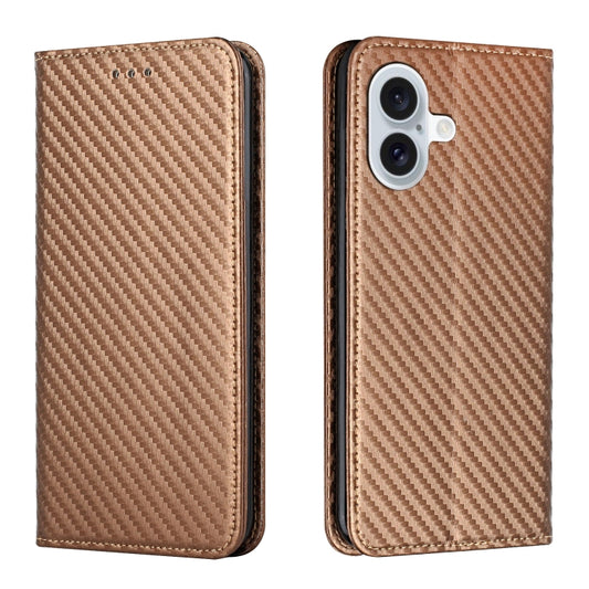 For iPhone 16 Carbon Fiber Texture Magnetic Flip Leather Phone Case(Brown) - iPhone 16 Cases by buy2fix | Online Shopping UK | buy2fix