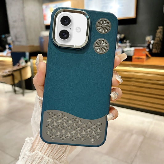 For iPhone 16 Plus Leather Textured Fan Hollow Cooling MagSafe Magnetic Phone Case(Blue) - iPhone 16 Plus Cases by buy2fix | Online Shopping UK | buy2fix