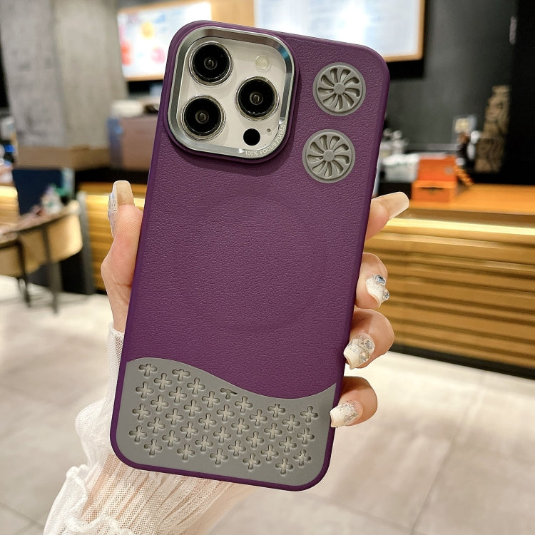 For iPhone 16 Pro Max Leather Textured Fan Hollow Cooling MagSafe Magnetic Phone Case(Purple) - iPhone 16 Pro Max Cases by buy2fix | Online Shopping UK | buy2fix