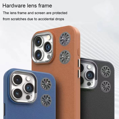 For iPhone 16 Leather Textured Fan Hollow Cooling MagSafe Magnetic Phone Case(Blue) - iPhone 16 Cases by buy2fix | Online Shopping UK | buy2fix