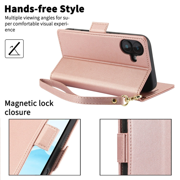 For iPhone 16 Side Buckle RFID Anti-theft Leather Phone Case(Rose Gold) - iPhone 16 Cases by buy2fix | Online Shopping UK | buy2fix