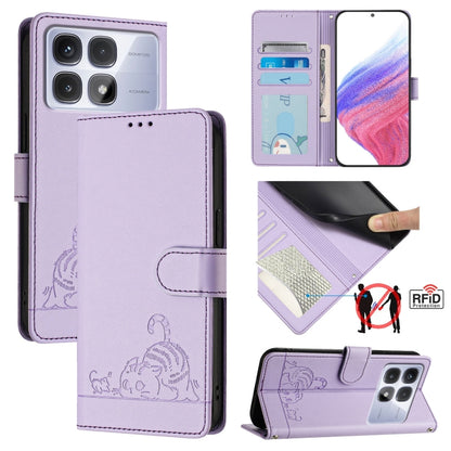 For Redmi K70 Ultra 5G Global Cat Rat Embossed Pattern RFID Leather Phone Case with Lanyard(Purple) - Xiaomi Cases by buy2fix | Online Shopping UK | buy2fix