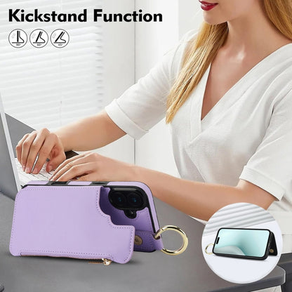 For iPhone 16 RFlD Anti-theft Double Buckle Ring Zipper Card Phone Case(Purple) - iPhone 16 Cases by buy2fix | Online Shopping UK | buy2fix