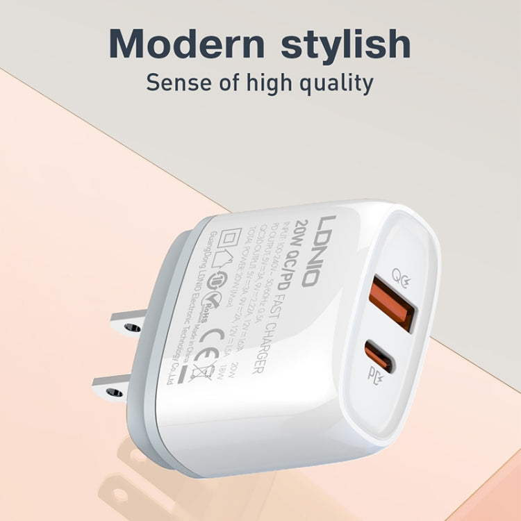 LDNIO Q229 QC3.0 / PD20W USB + Type-C Fast Charger with 1m USB to 8 Pin Cable, Plug Type:EU Plug(White) - USB Charger by LDNIO | Online Shopping UK | buy2fix