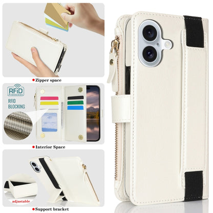 For iPhone 16 Plus Wristband Holder Zipper Purse RFID Leather Phone Case(White) - iPhone 16 Plus Cases by buy2fix | Online Shopping UK | buy2fix