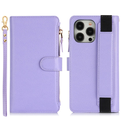 For iPhone 16 Pro Wristband Holder Zipper Purse RFID Leather Phone Case(Purple) - iPhone 16 Pro Cases by buy2fix | Online Shopping UK | buy2fix