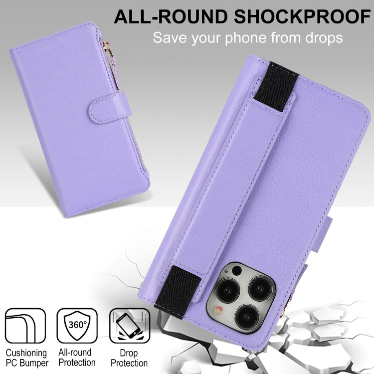 For iPhone 16 Pro Wristband Holder Zipper Purse RFID Leather Phone Case(Purple) - iPhone 16 Pro Cases by buy2fix | Online Shopping UK | buy2fix