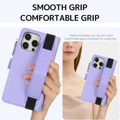 For iPhone 16 Pro Wristband Holder Zipper Purse RFID Leather Phone Case(Purple) - iPhone 16 Pro Cases by buy2fix | Online Shopping UK | buy2fix