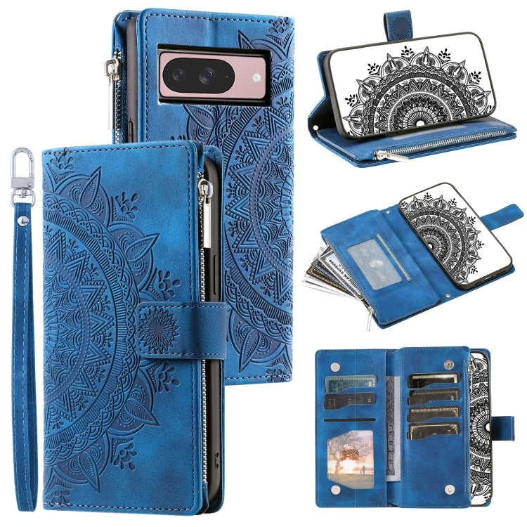 For Google Pixel 9 / 9 Pro Multi-Card Totem Zipper Leather Phone Case(Blue) - Google Cases by buy2fix | Online Shopping UK | buy2fix