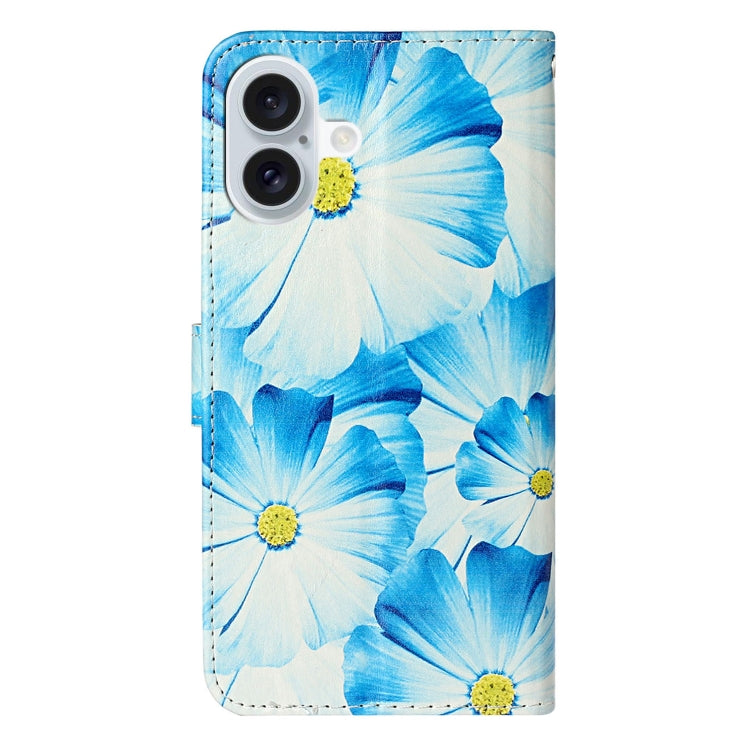 For iPhone 16 Plus Colored Drawing Marble Pattern Leather Phone Case(Blue Flower) - iPhone 16 Plus Cases by buy2fix | Online Shopping UK | buy2fix