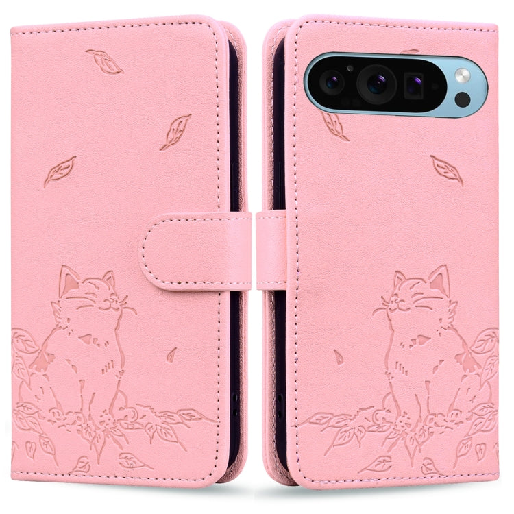 For Google Pixel 9 / 9 Pro Cute Cat Embossed Leather Phone Case(Pink) - Google Cases by buy2fix | Online Shopping UK | buy2fix