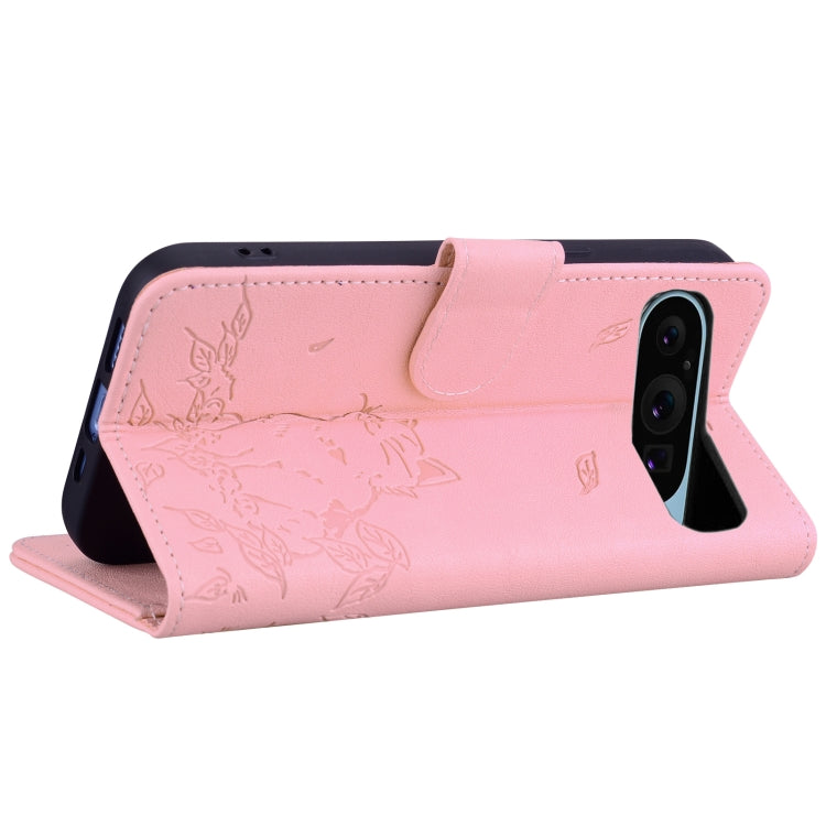 For Google Pixel 9 / 9 Pro Cute Cat Embossed Leather Phone Case(Pink) - Google Cases by buy2fix | Online Shopping UK | buy2fix