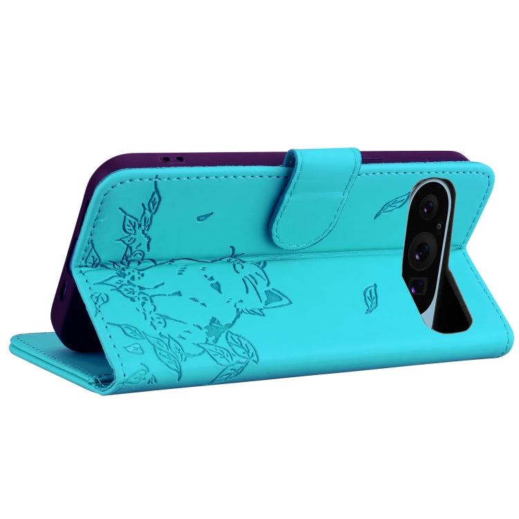 For Google Pixel 9 / 9 Pro Cute Cat Embossed Leather Phone Case(Lake Blue) - Google Cases by buy2fix | Online Shopping UK | buy2fix