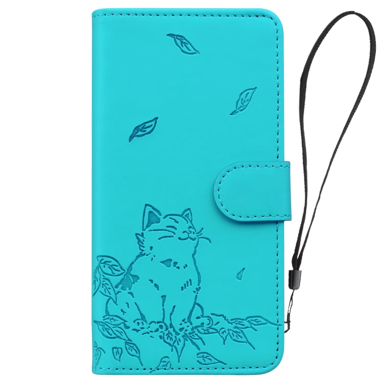 For Google Pixel 9 Pro XL Cute Cat Embossed Leather Phone Case(Lake Blue) - Google Cases by buy2fix | Online Shopping UK | buy2fix