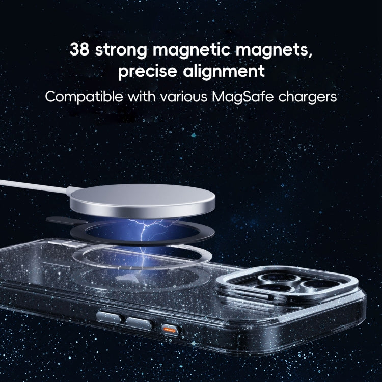 For iPhone 16 Plus Glitter Powder Lens Holder MagSafe Magnetic Phone Case(Transparent Black) - iPhone 16 Plus Cases by buy2fix | Online Shopping UK | buy2fix