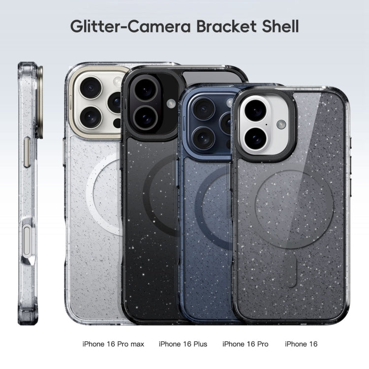 For iPhone 16 Plus Glitter Powder Lens Holder MagSafe Magnetic Phone Case(Transparent Black) - iPhone 16 Plus Cases by buy2fix | Online Shopping UK | buy2fix