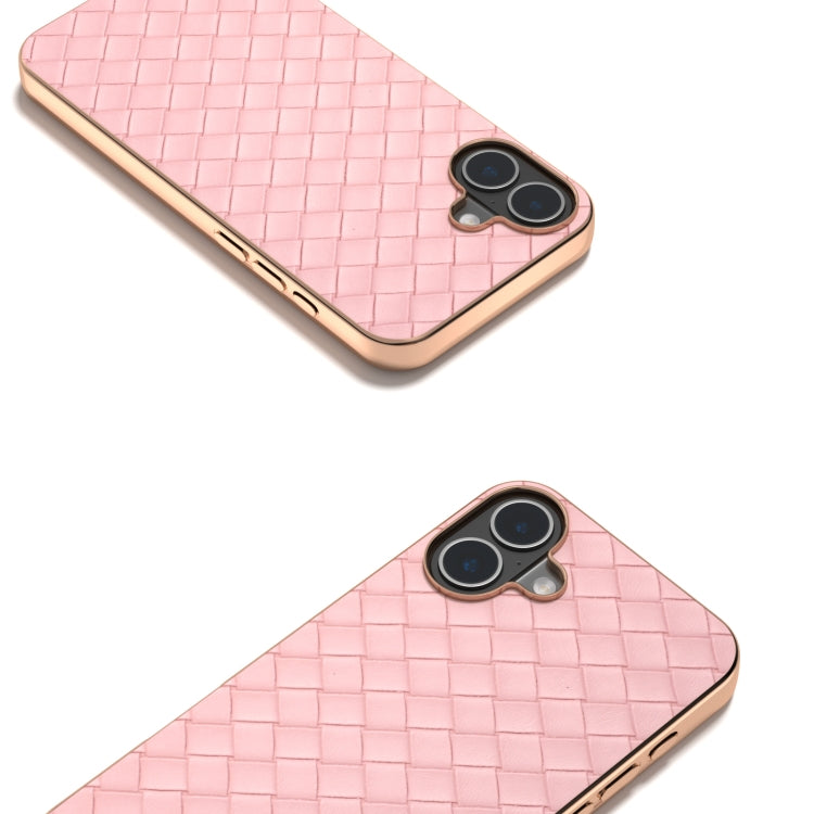 For iPhone 16 Electroplated Frame Woven Texture PU Phone Case(Pink) - iPhone 16 Cases by buy2fix | Online Shopping UK | buy2fix