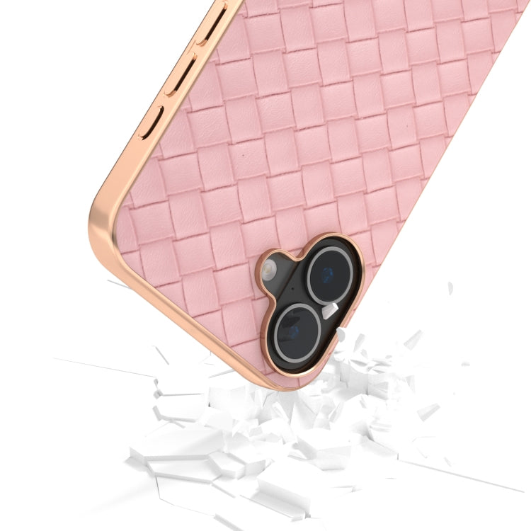 For iPhone 16 Electroplated Frame Woven Texture PU Phone Case(Pink) - iPhone 16 Cases by buy2fix | Online Shopping UK | buy2fix