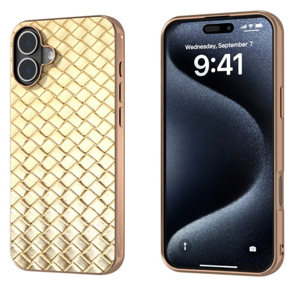 For iPhone 16 Electroplated Frame Woven Texture PU Phone Case(Gold) - iPhone 16 Cases by buy2fix | Online Shopping UK | buy2fix