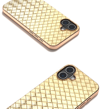 For iPhone 16 Electroplated Frame Woven Texture PU Phone Case(Gold) - iPhone 16 Cases by buy2fix | Online Shopping UK | buy2fix