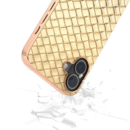 For iPhone 16 Electroplated Frame Woven Texture PU Phone Case(Gold) - iPhone 16 Cases by buy2fix | Online Shopping UK | buy2fix