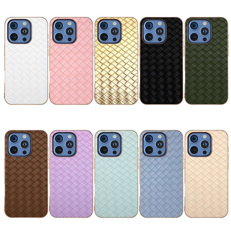 For iPhone 16 Pro Electroplated Frame Woven Texture PU Phone Case(White) - iPhone 16 Pro Cases by buy2fix | Online Shopping UK | buy2fix