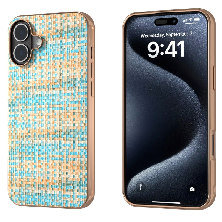 For iPhone 16 Plus Electroplated Frame Color Lattice Texture PU Phone Case(Blue) - iPhone 16 Plus Cases by buy2fix | Online Shopping UK | buy2fix