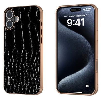 For iPhone 16 Plus ABEEL Electroplated Frame Genuine Leather Crocodile Pattern Phone Case(Black) - iPhone 16 Plus Cases by buy2fix | Online Shopping UK | buy2fix