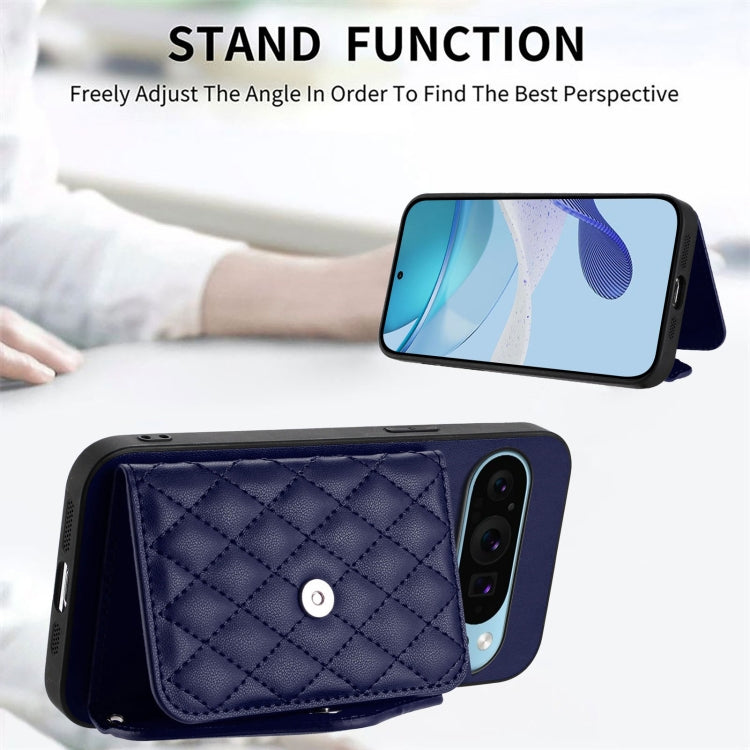 For Google Pixel 9 Pro XL Rhombic Texture Card Bag RFID Phone Case with Long Lanyard(Blue) - Google Cases by buy2fix | Online Shopping UK | buy2fix