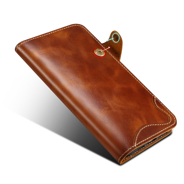 For iPhone 16 Plus Denior B01 Oil Wax Cowhide Magnetic Button Genuine Leather Case(Brown) - iPhone 16 Plus Cases by Denior | Online Shopping UK | buy2fix