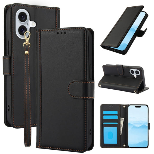 For iPhone 16 Skin Feel Pure Color Card Slots Leather Phone Case with Dual Lanyard(Black) - iPhone 16 Cases by buy2fix | Online Shopping UK | buy2fix