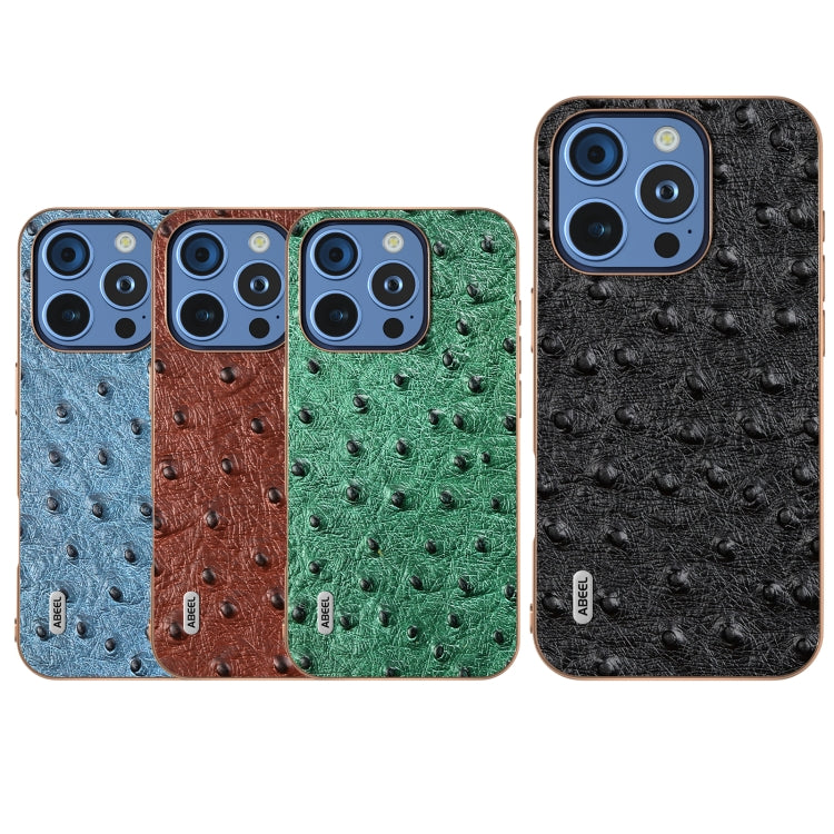 For iPhone 16 Pro ABEEL Electroplating Frame Genuine Leather Ostrich Texture Phone Case(Green) - iPhone 16 Pro Cases by buy2fix | Online Shopping UK | buy2fix