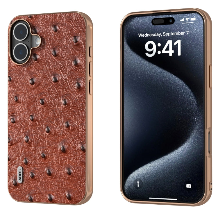 For iPhone 16 ABEEL Electroplating Frame Genuine Leather Ostrich Texture Phone Case(Coffee) - iPhone 16 Cases by buy2fix | Online Shopping UK | buy2fix