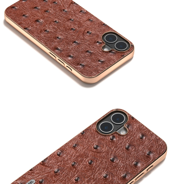 For iPhone 16 ABEEL Electroplating Frame Genuine Leather Ostrich Texture Phone Case(Coffee) - iPhone 16 Cases by buy2fix | Online Shopping UK | buy2fix