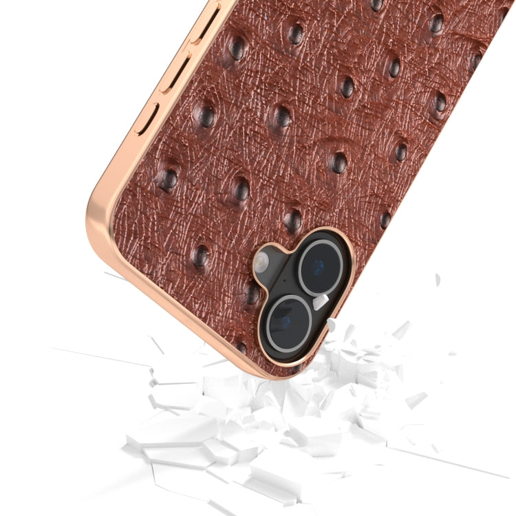 For iPhone 16 ABEEL Electroplating Frame Genuine Leather Ostrich Texture Phone Case(Coffee) - iPhone 16 Cases by buy2fix | Online Shopping UK | buy2fix